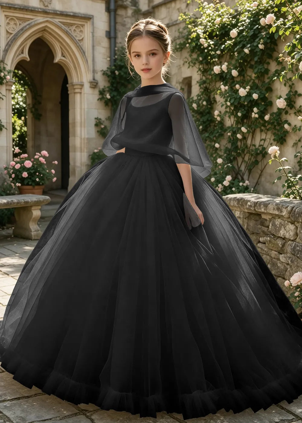 Sheer Cape Tulle Flower Girl Ball Gown