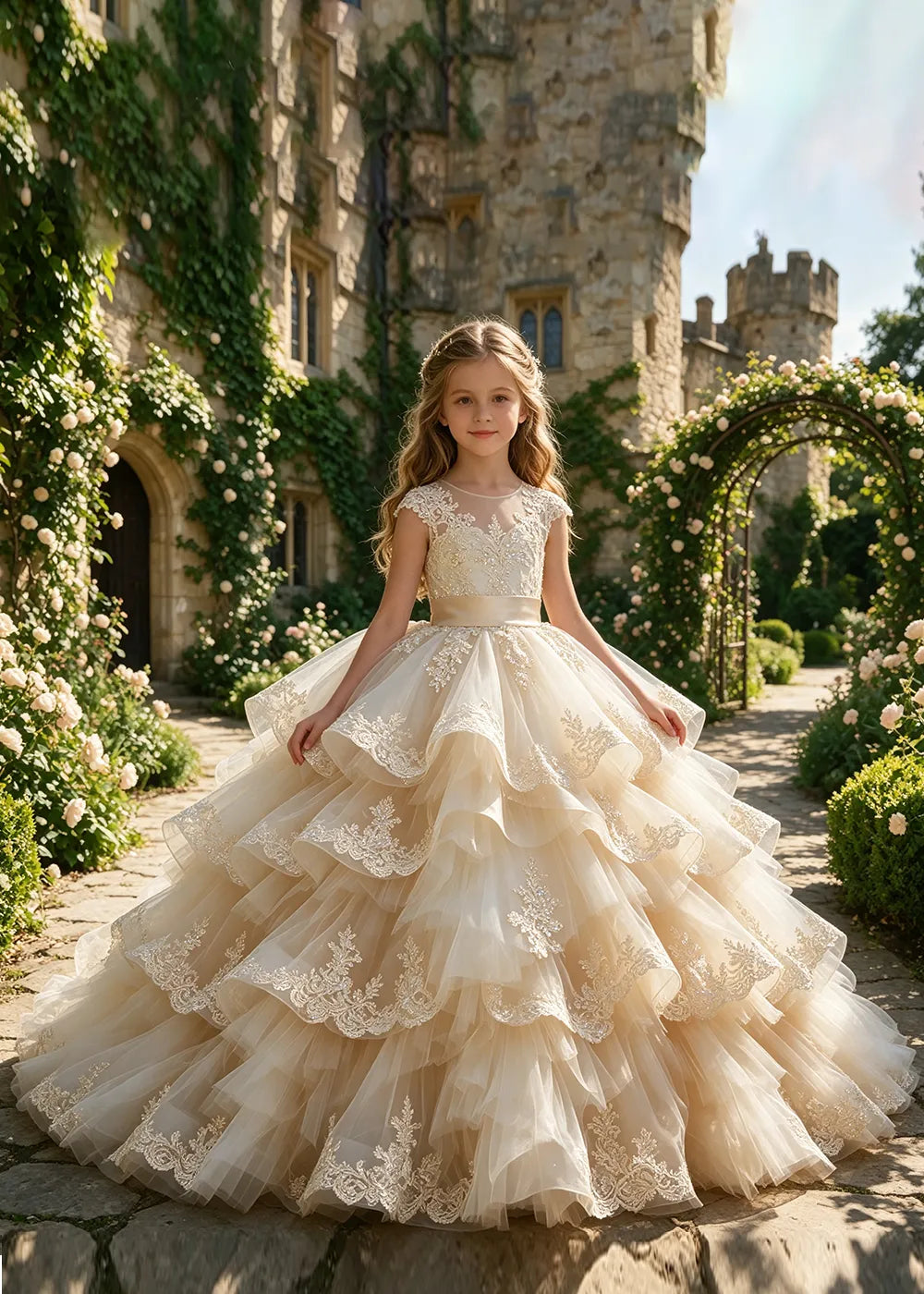 Cascading Lace Ruffle Flower Girl Ball Gown