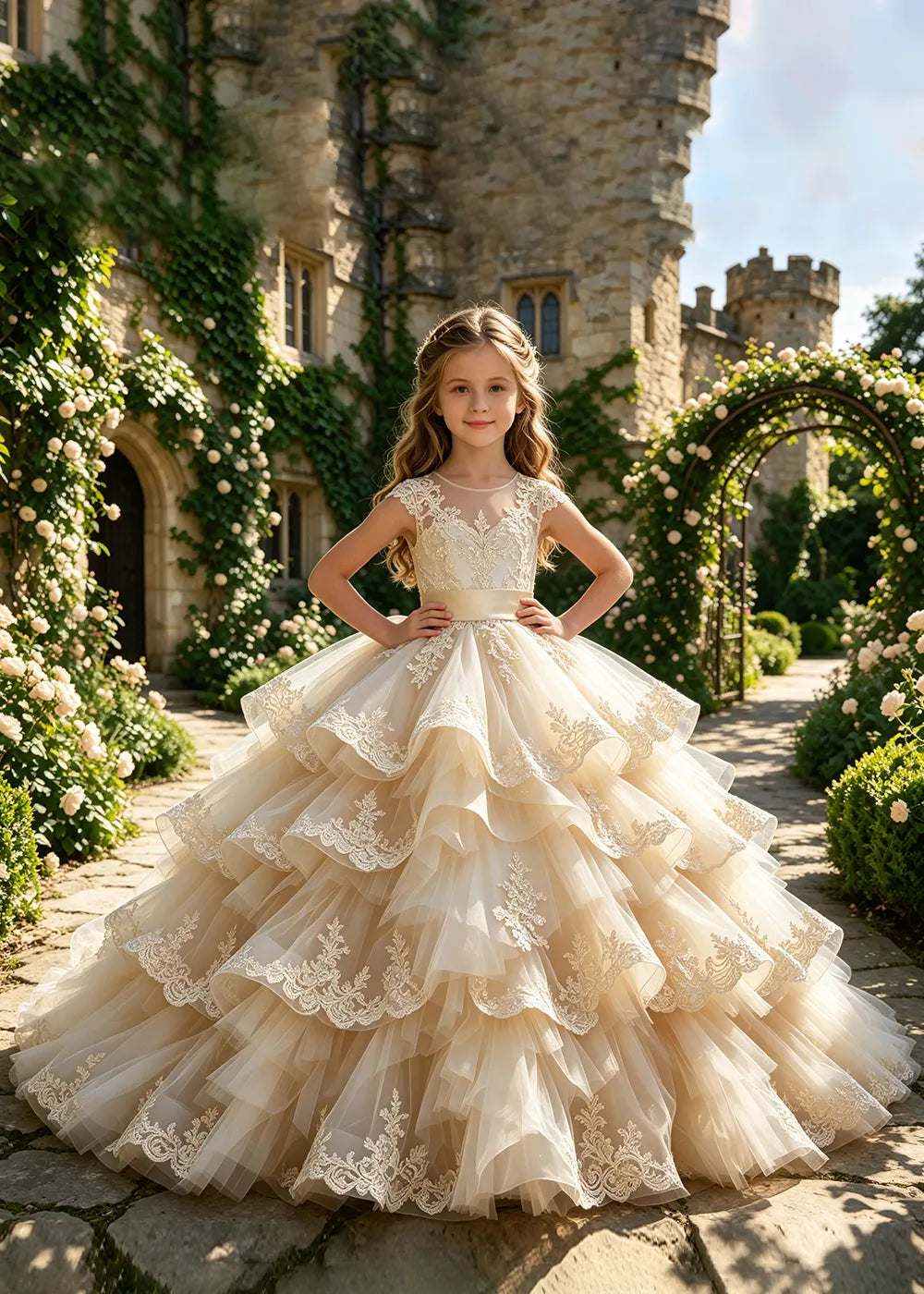 Cascading Lace Ruffle Flower Girl Ball Gown