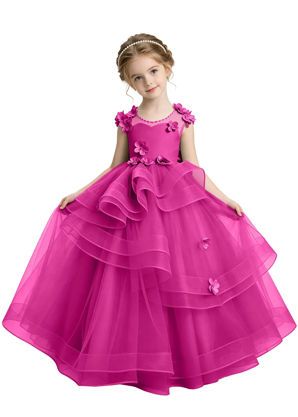 Layered Ruffle Tulle Girls Ball Gown