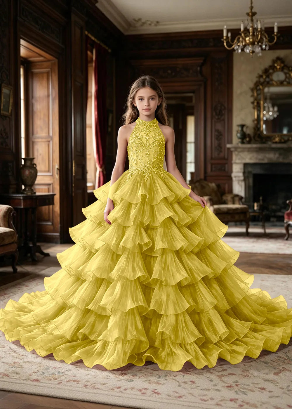 Halter Ruffle Tulle Pageant Ball Gown for Girls