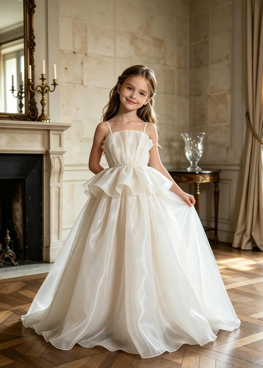 Pearl Waist Draped Flower Girl Ball Gown