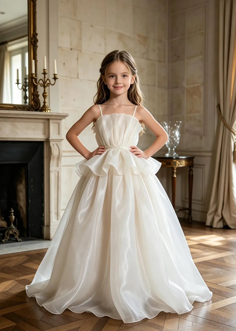Pearl Waist Draped Flower Girl Ball Gown