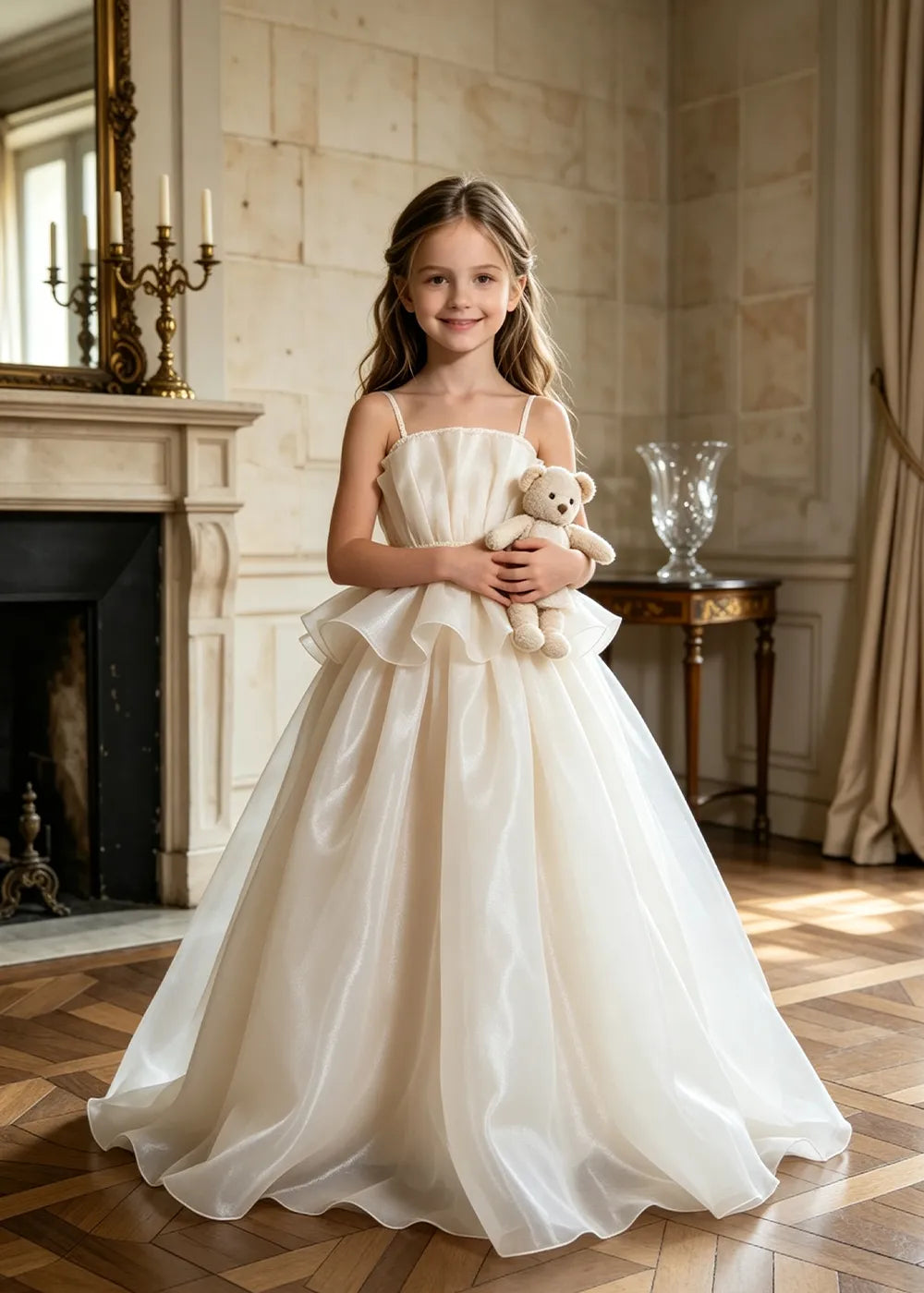 Pearl Waist Draped Flower Girl Ball Gown