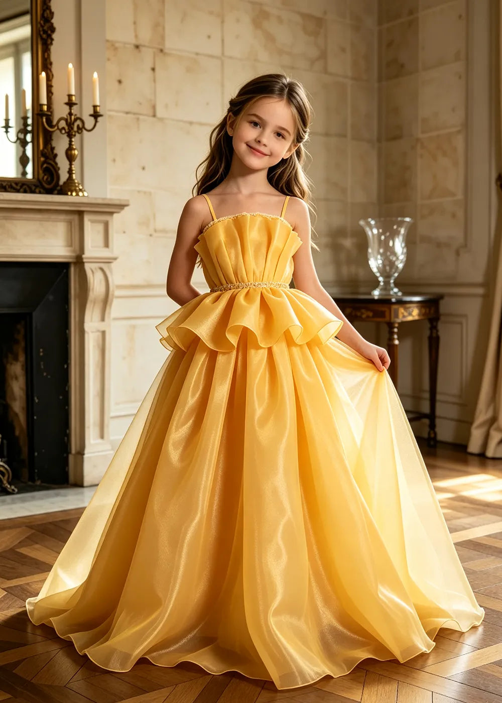 Pearl Waist Draped Flower Girl Ball Gown