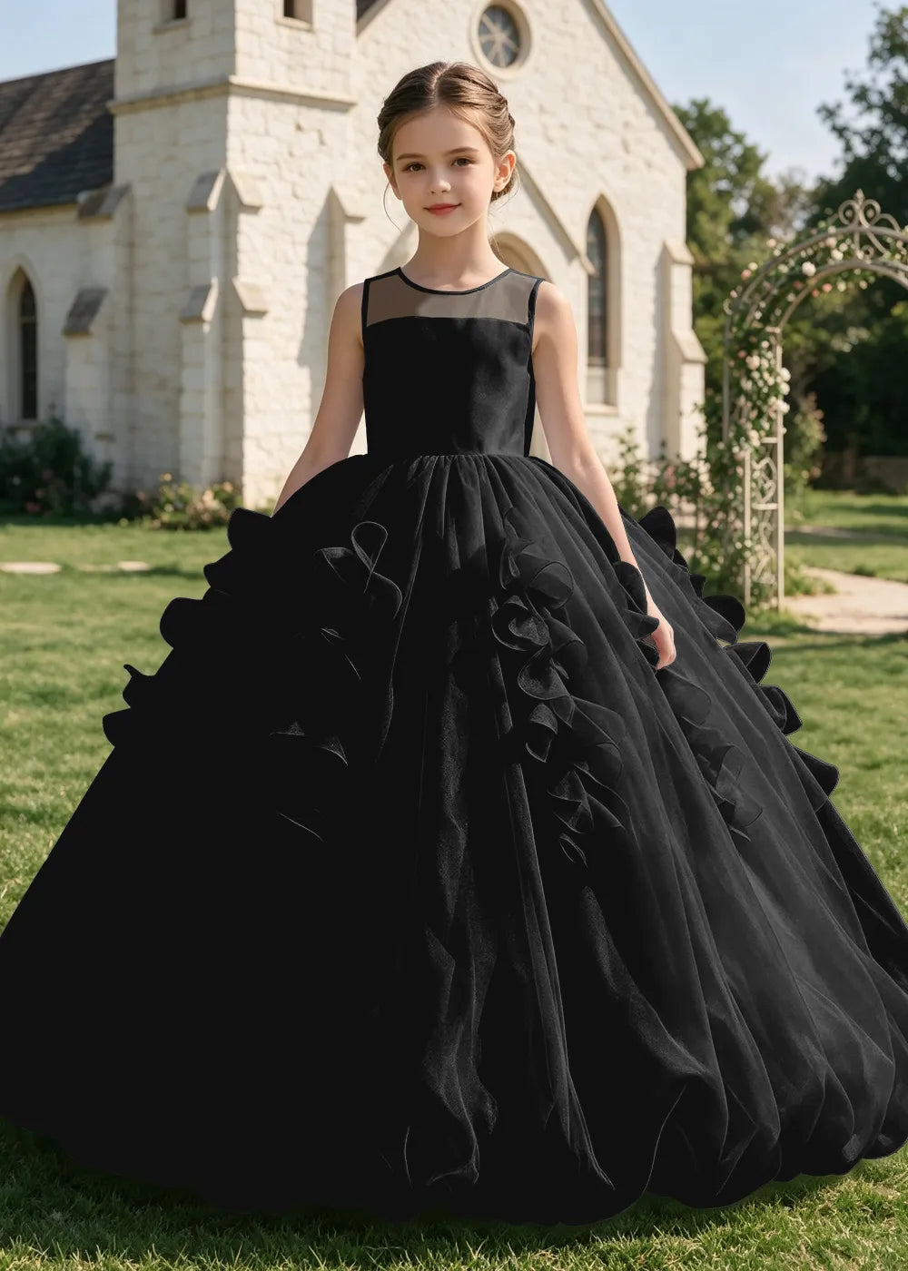 Illusion Neck Ruffle Organza Princess Ball Gown