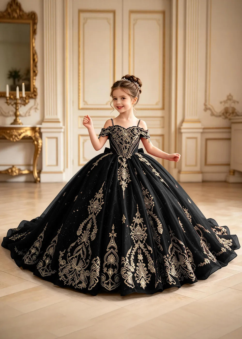 Regal Gold Embroidered Pageant Ball Gown for Girls