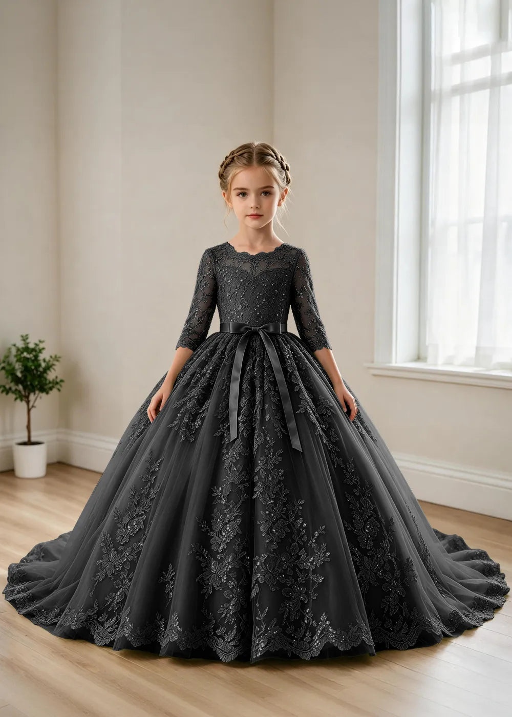 Elegant Lace Princess Dress with Full Tulle Skirt for Girls