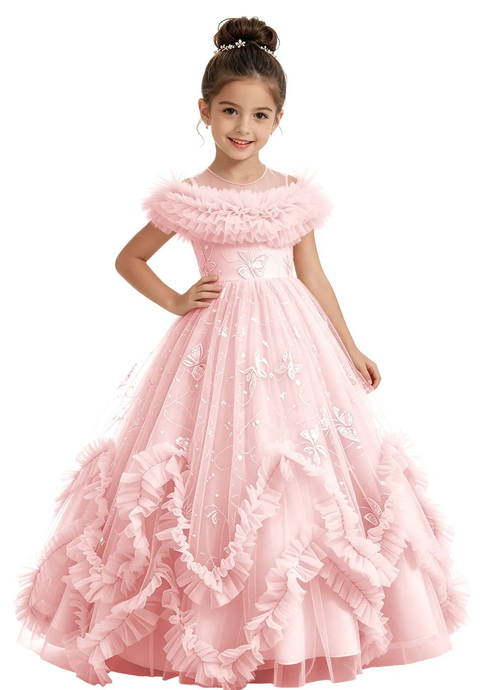 Illusion Neck Butterfly Flower Girl Dress