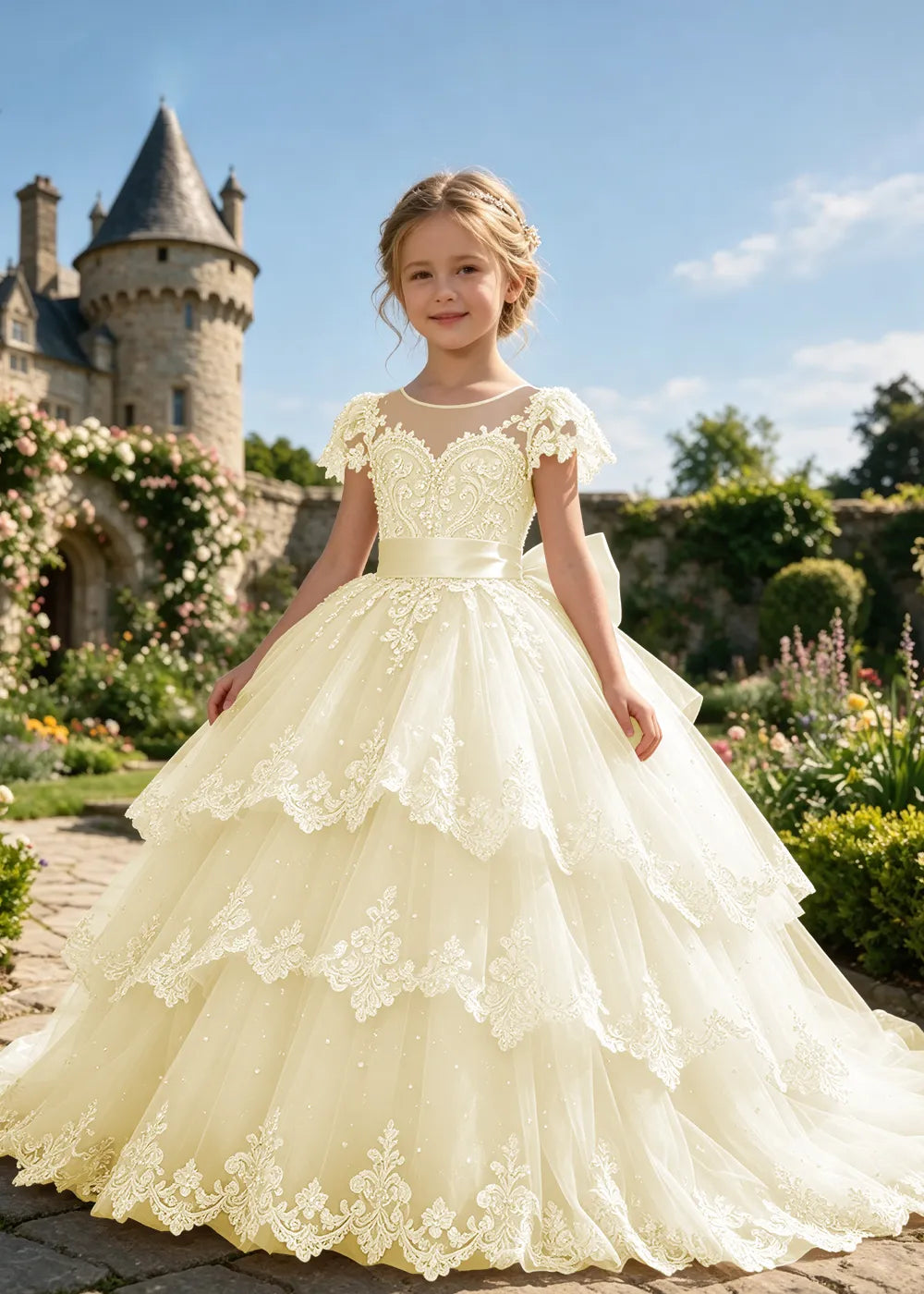 Tiered Lace Flower Girl Ball Gown with Satin Bow