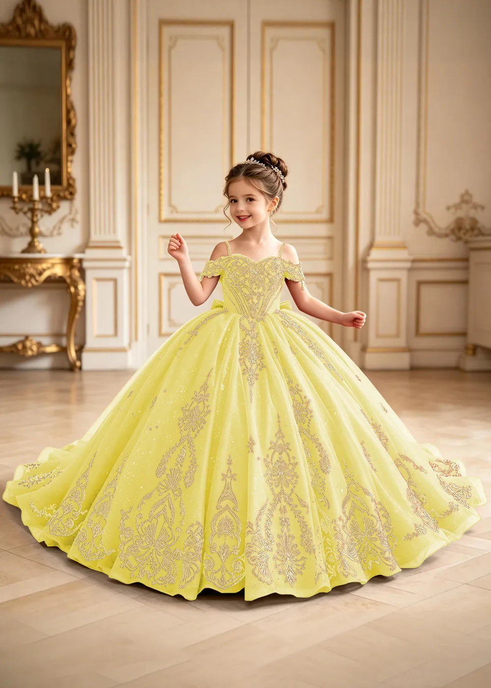 Regal Gold Embroidered Pageant Ball Gown for Girls