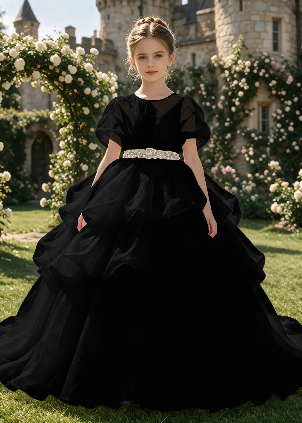 Jeweled Waist Puff Sleeve Flower Girl Ball Gown