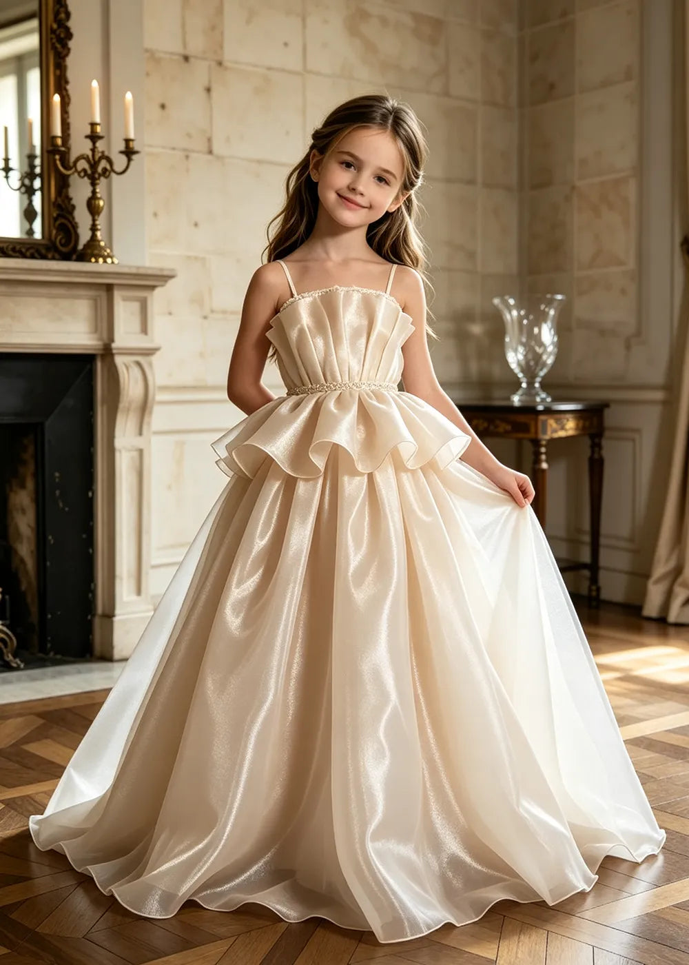 Pearl Waist Draped Flower Girl Ball Gown