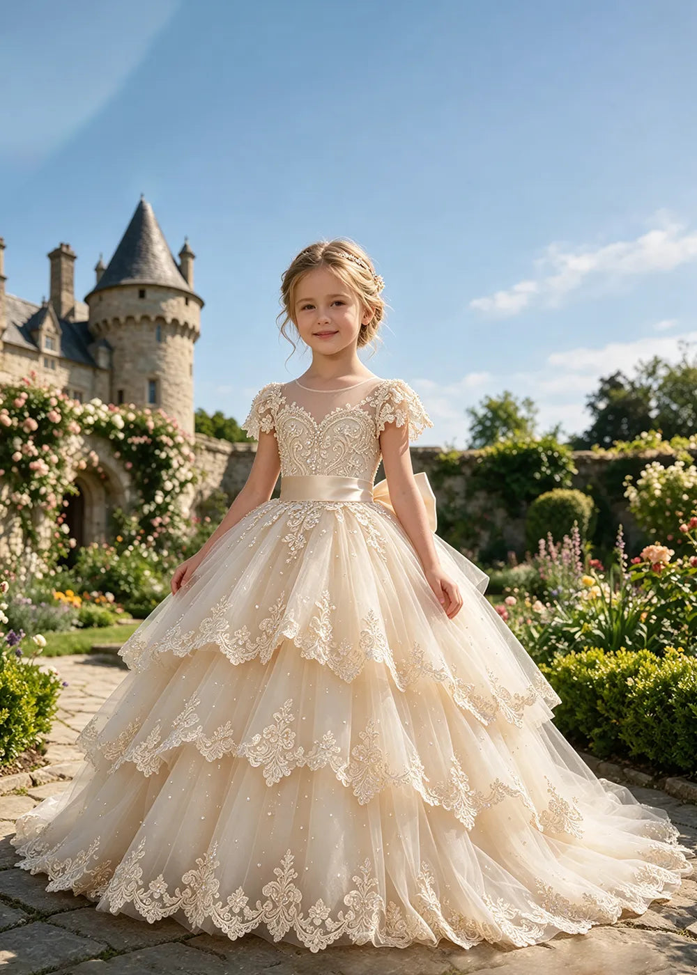 Tiered Lace Flower Girl Ball Gown with Satin Bow