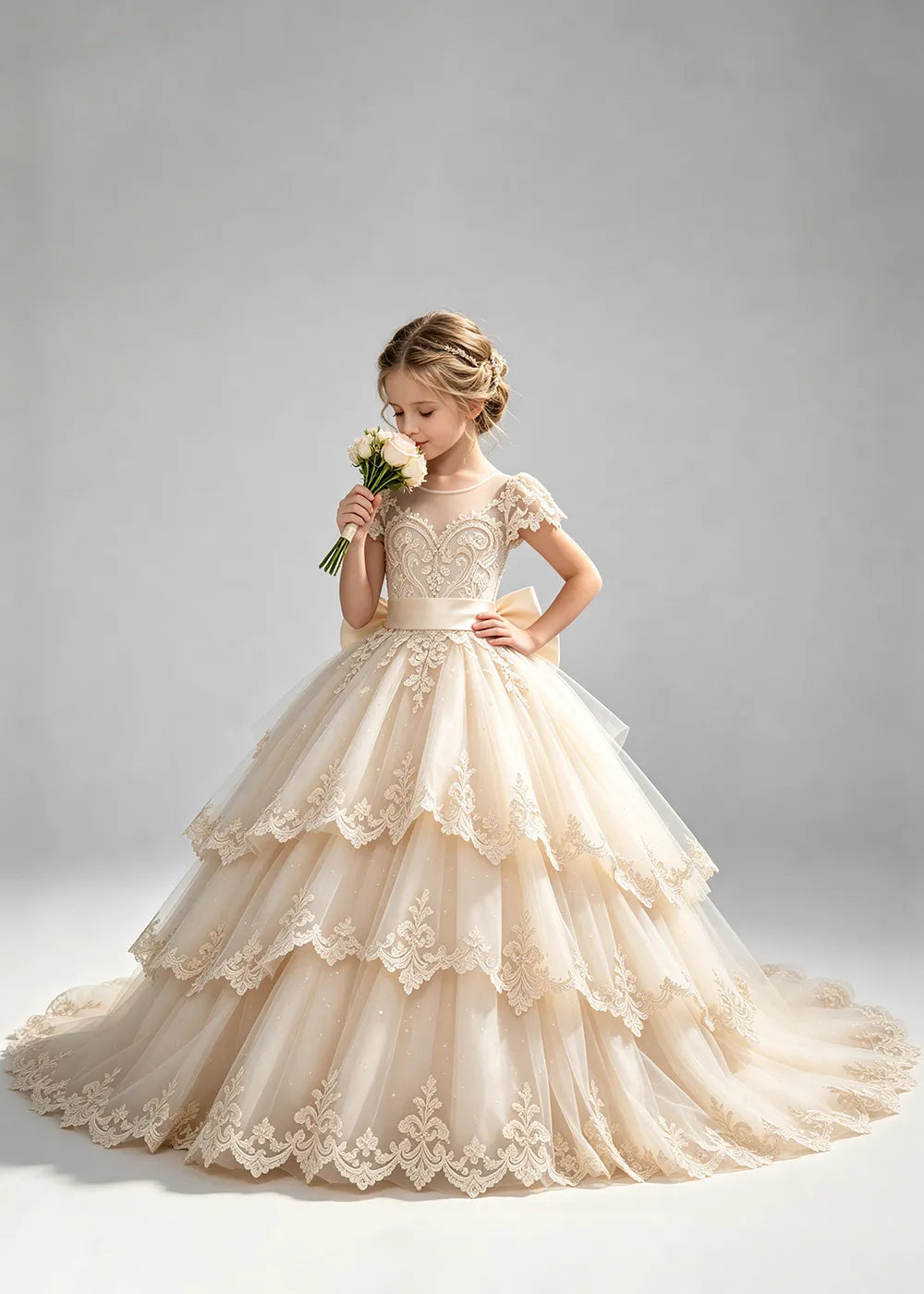 Tiered Lace Flower Girl Ball Gown with Satin Bow