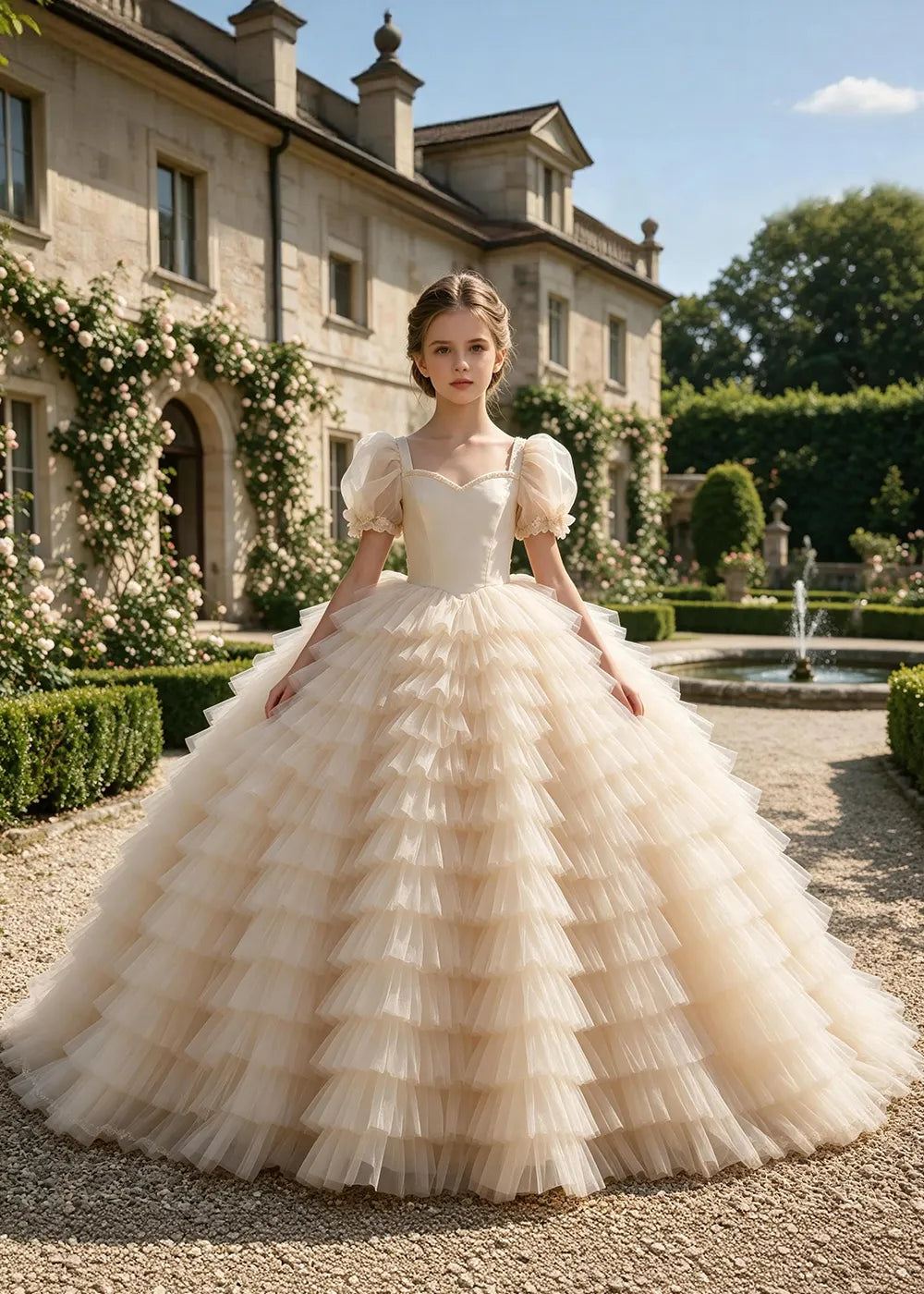 Puff Sleeve Corset-Back Junior Bridesmaid Gown