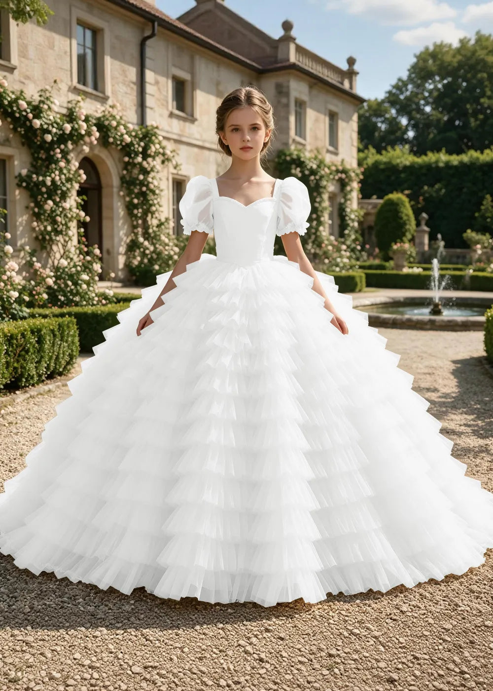 Puff Sleeve Corset-Back Junior Bridesmaid Gown