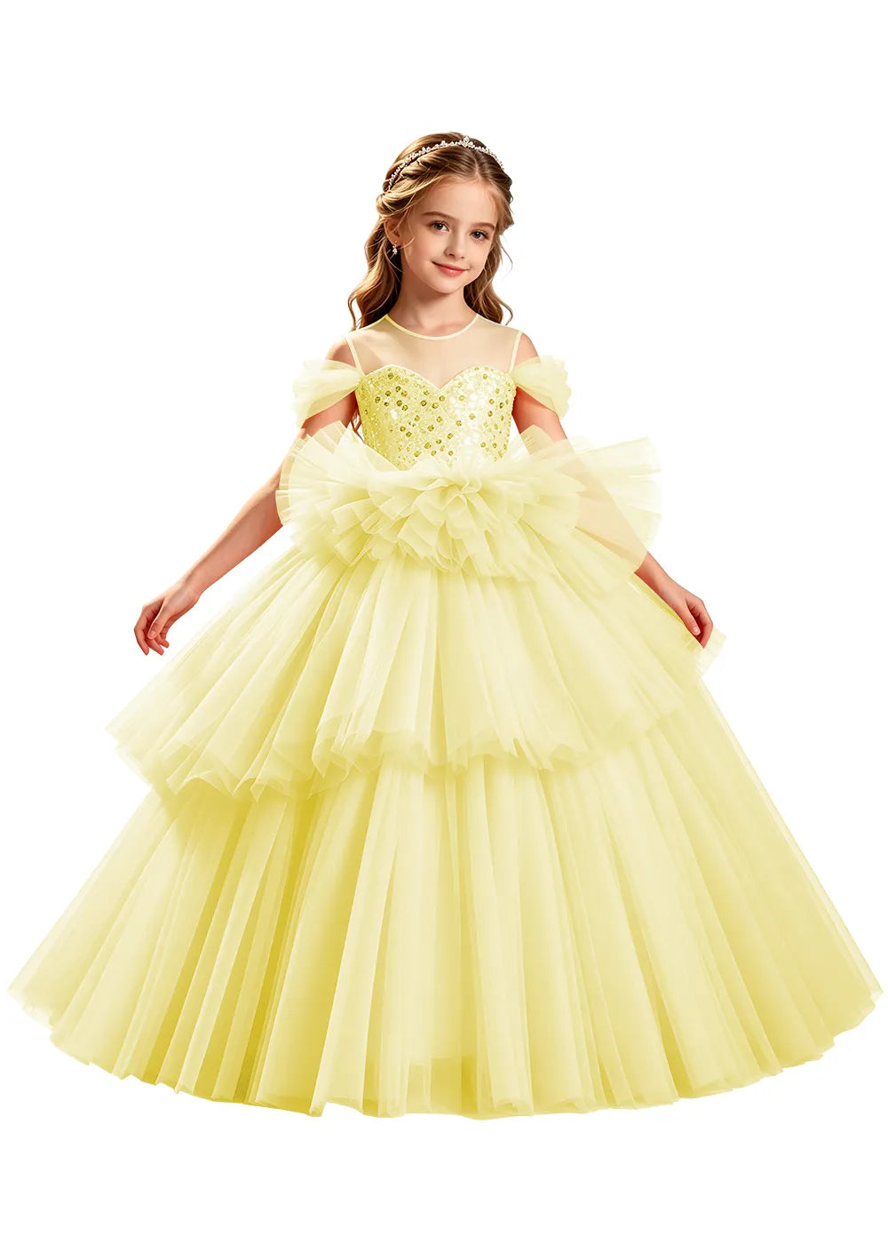 Sequin Off-Shoulder Layered Tulle Pageant Dress