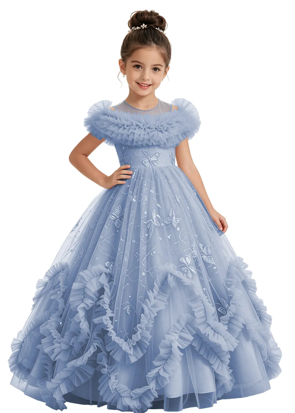 Illusion Neck Butterfly Flower Girl Dress