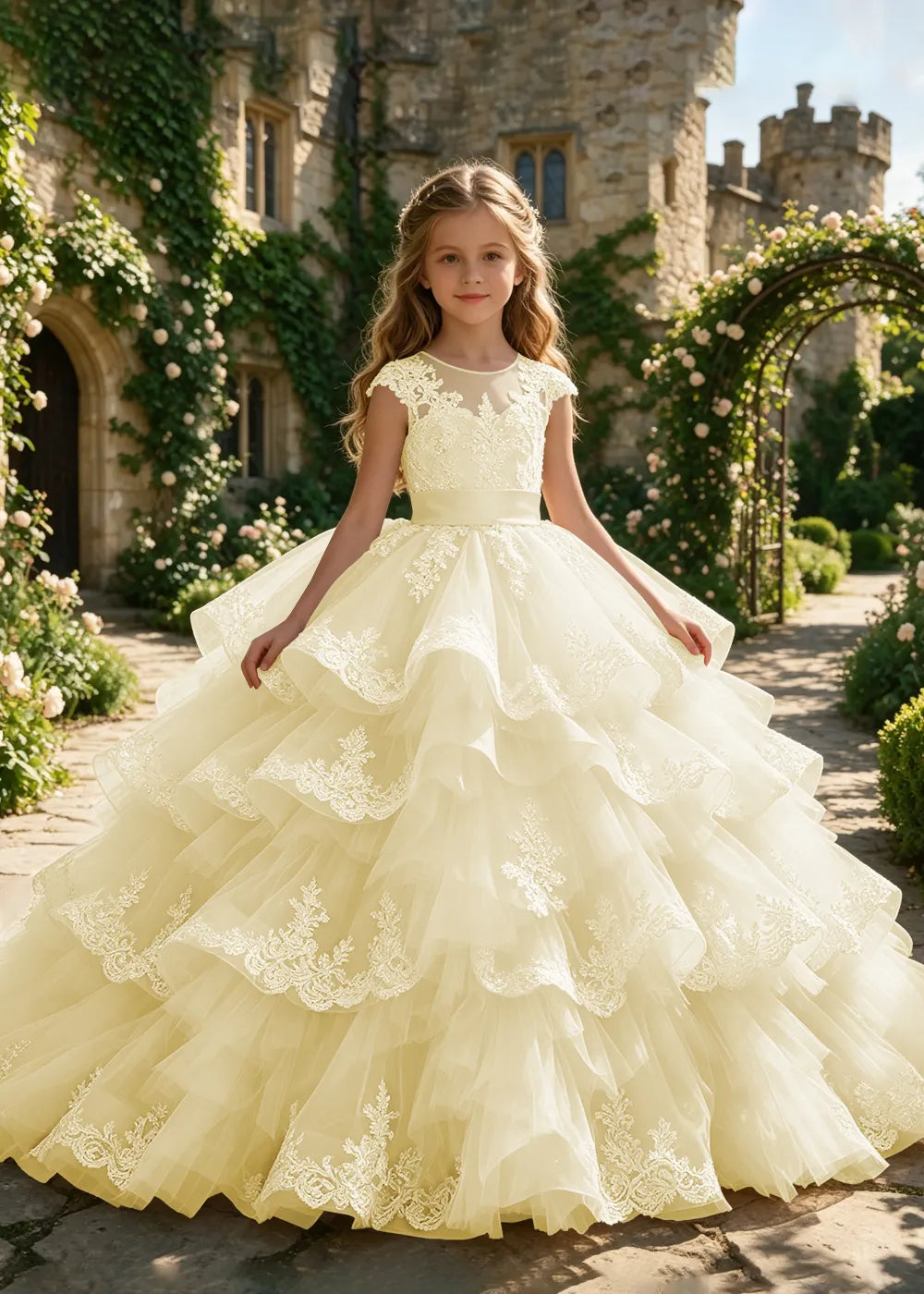 Cascading Lace Ruffle Flower Girl Ball Gown