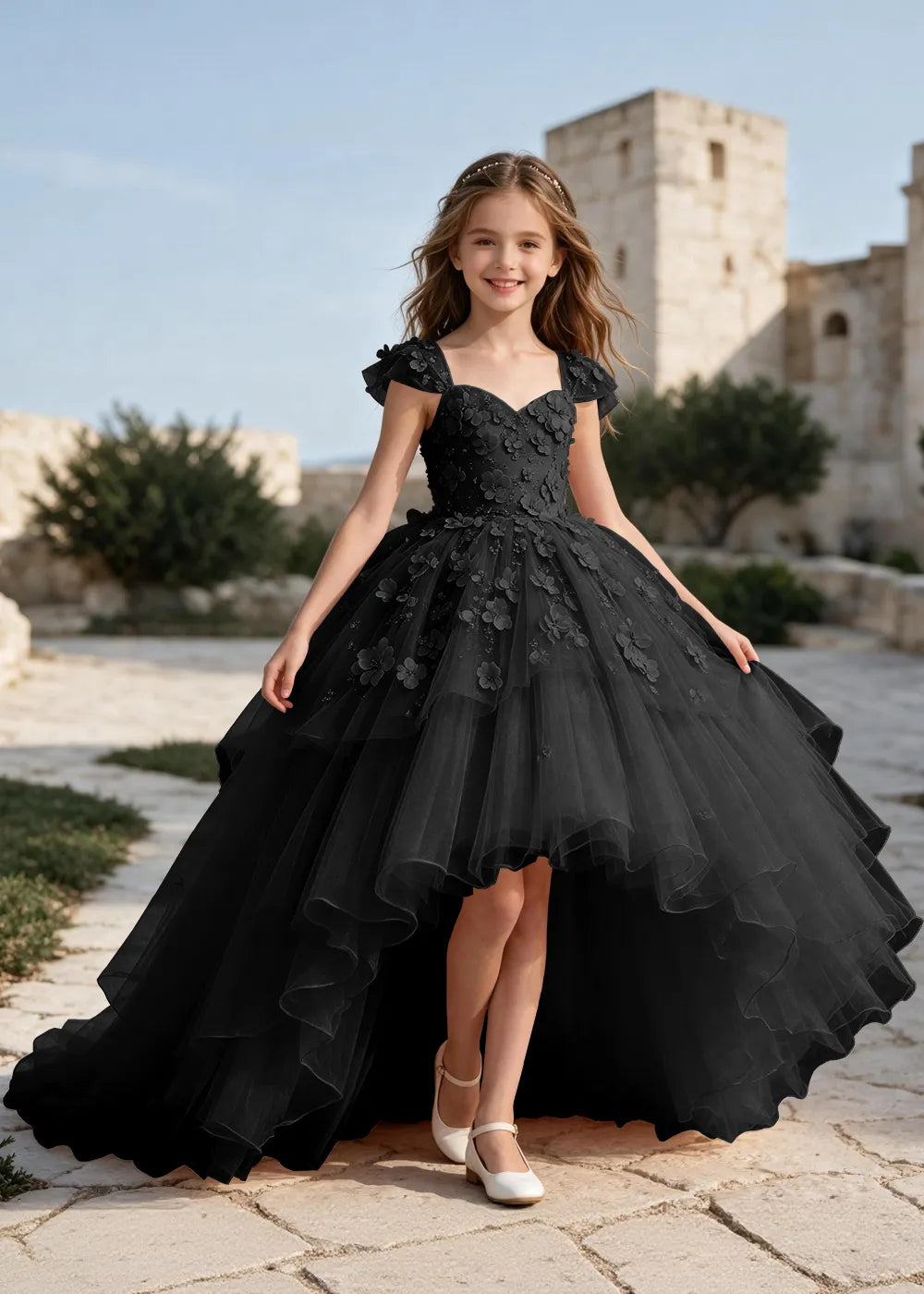 Elegant Flower Appliqué Princess Dress