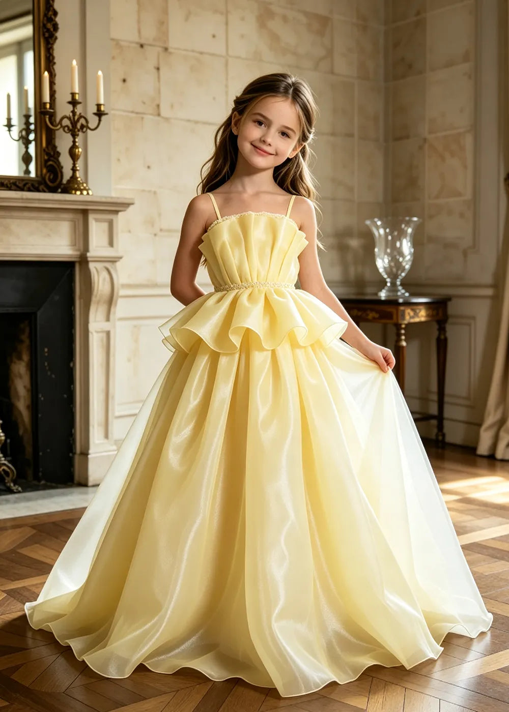 Pearl Waist Draped Flower Girl Ball Gown