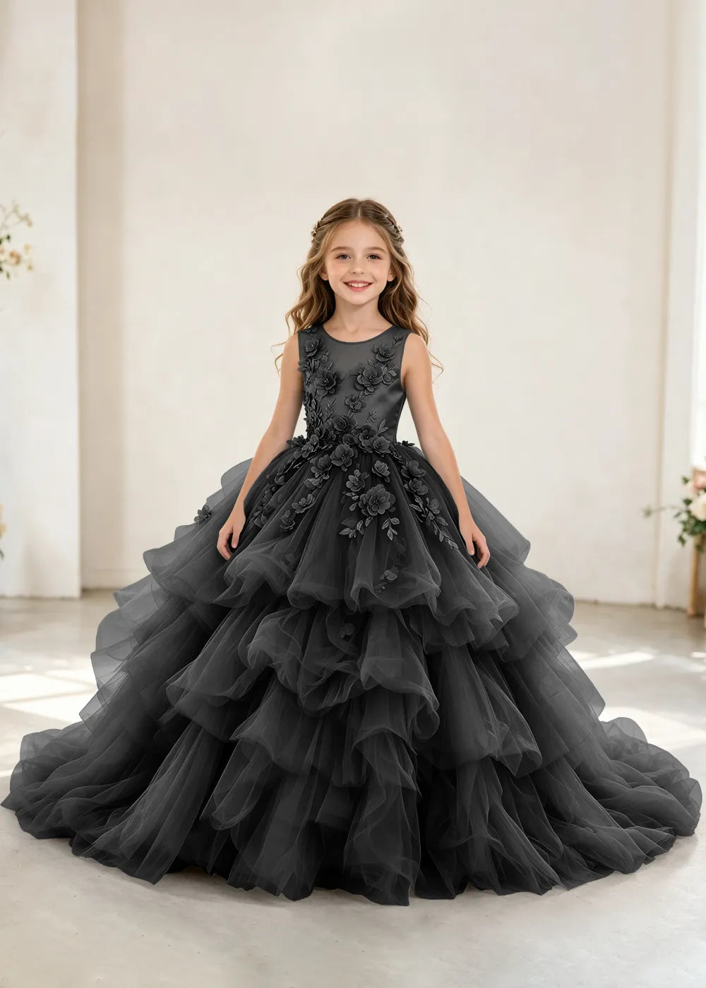 Luxury Layered Tulle Princess Dress with Floral Appliques