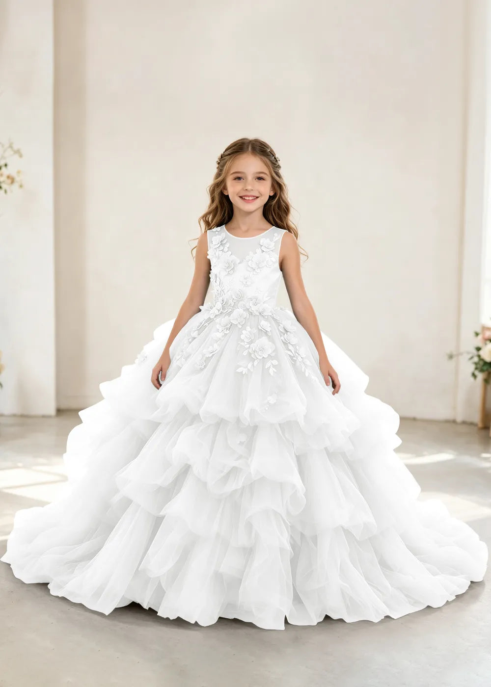 Luxury Layered Tulle Princess Dress with Floral Appliques