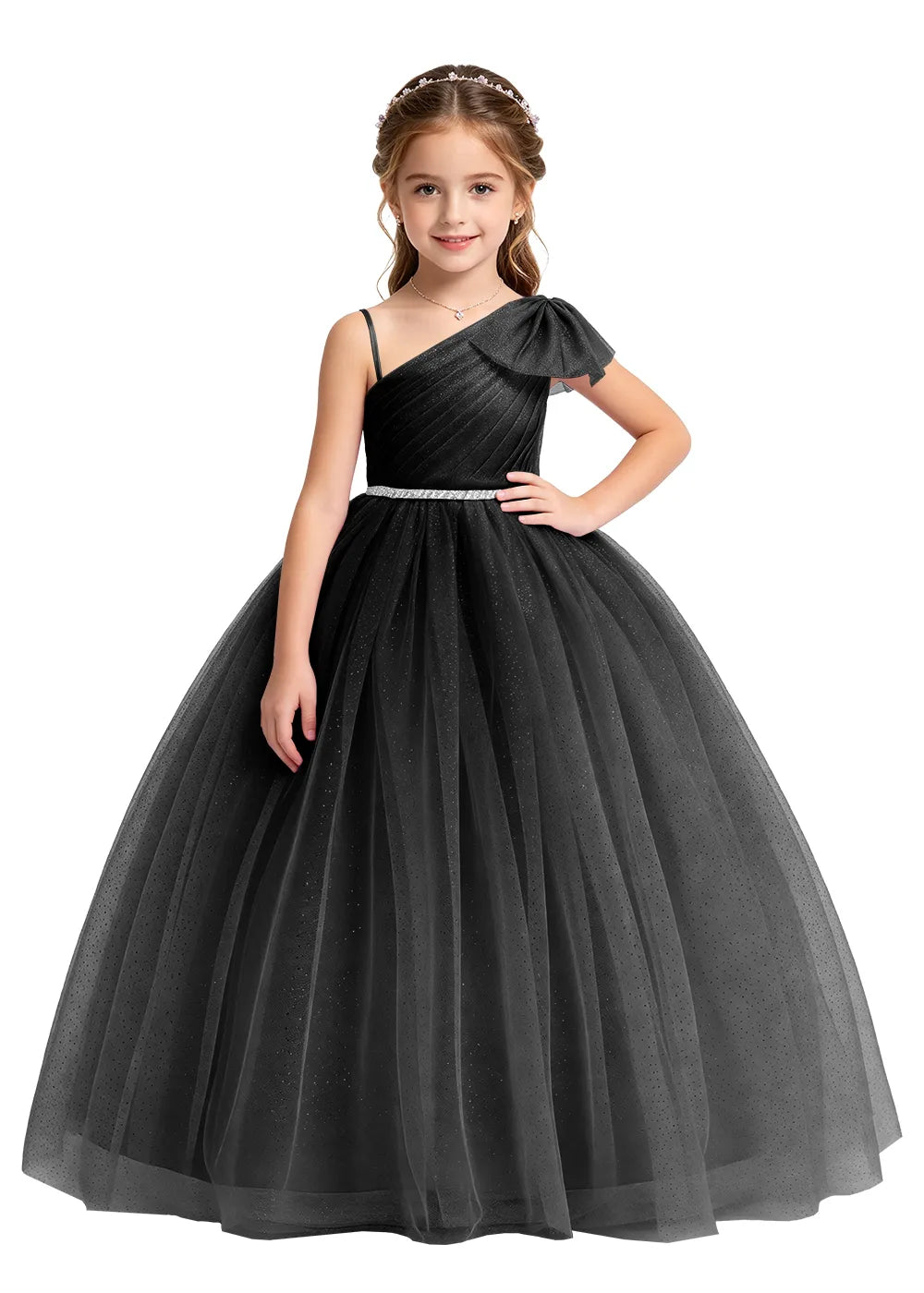Bow Shoulder Sparkle Tulle Ball Gown