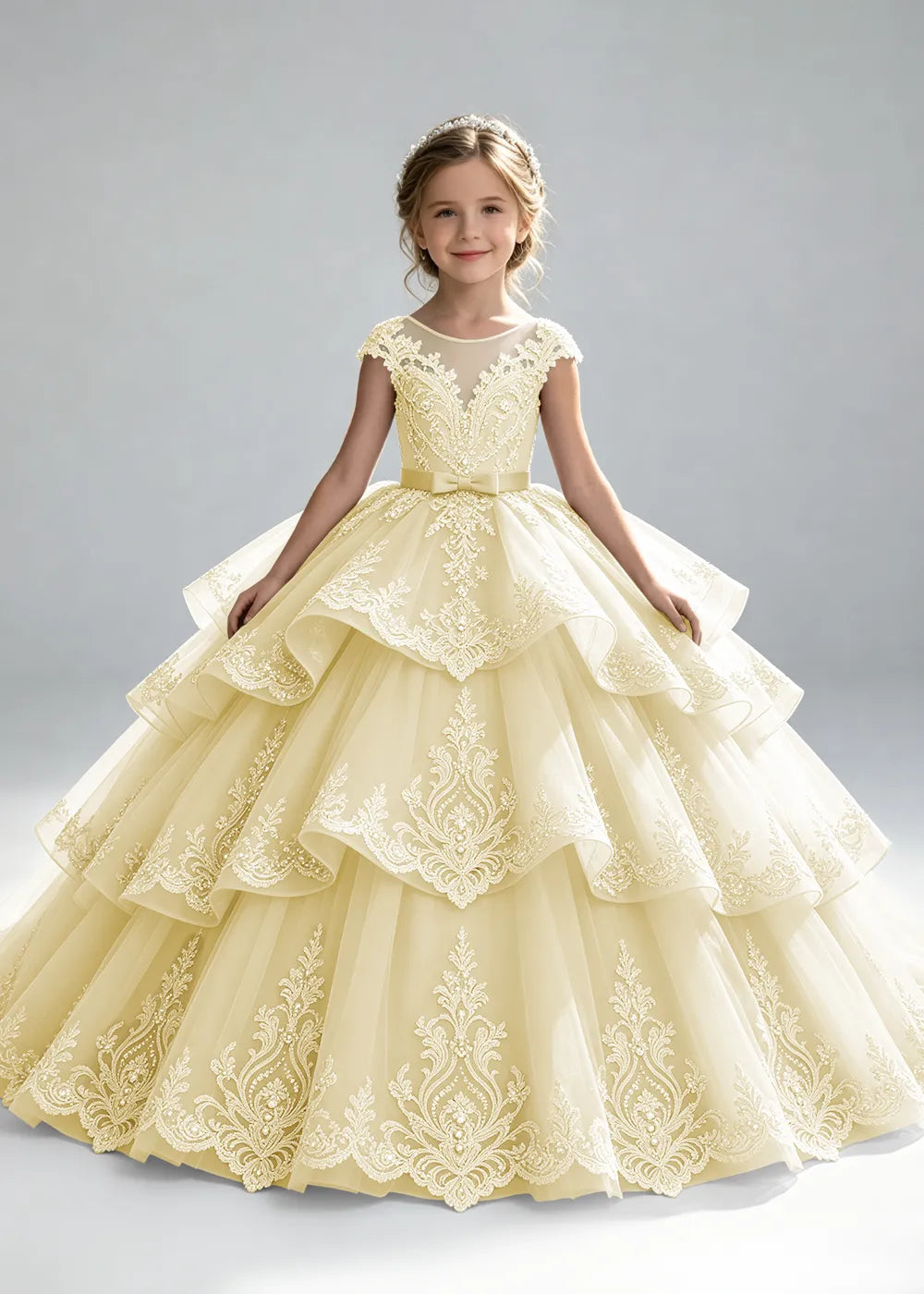 Embroidered Illusion Neck Tiered Pageant Ball Gown