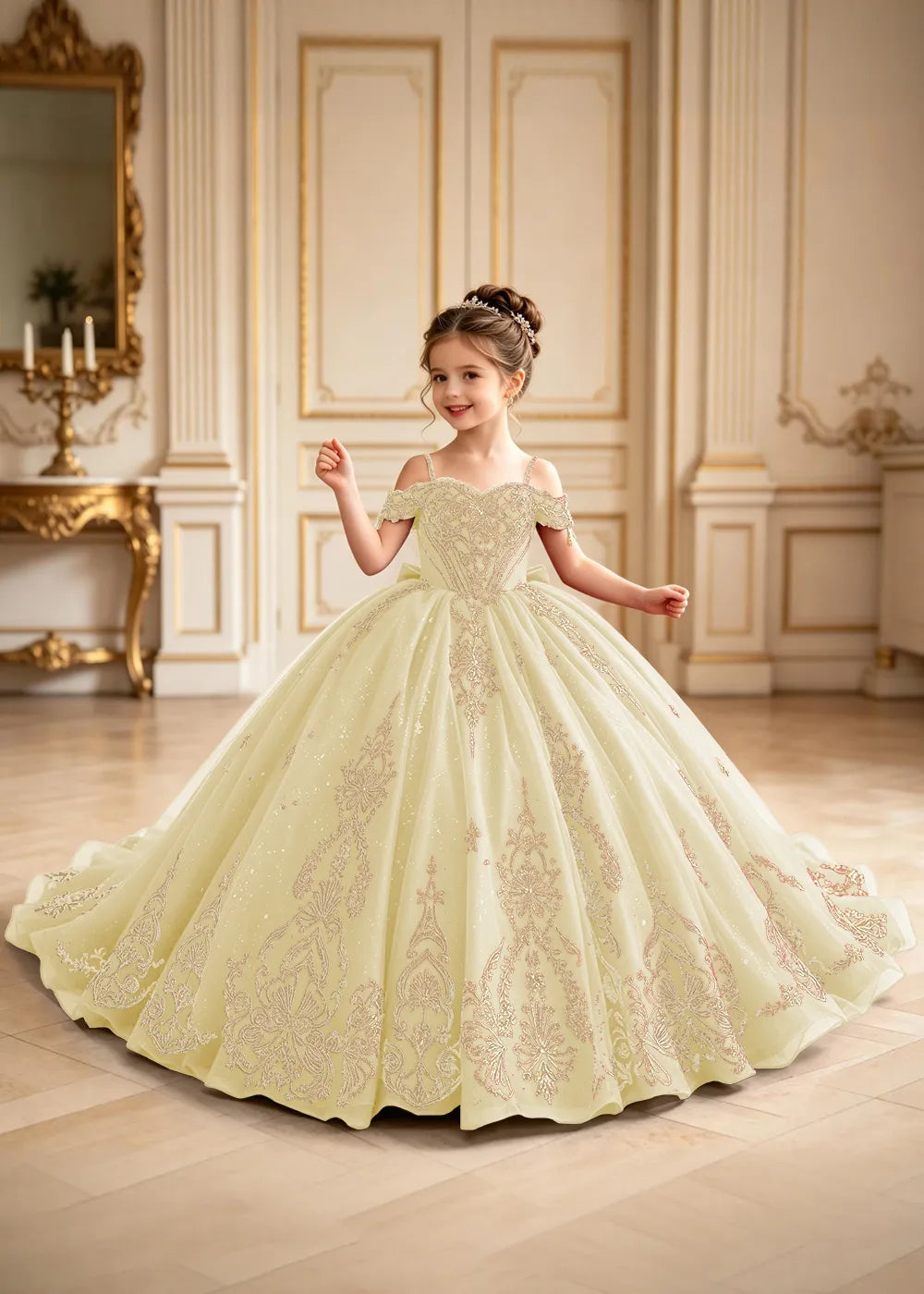 Regal Gold Embroidered Pageant Ball Gown for Girls