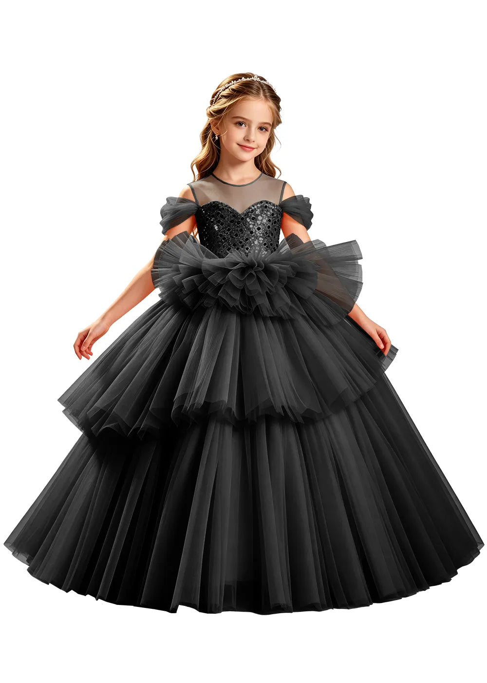 Sequin Off-Shoulder Layered Tulle Pageant Dress