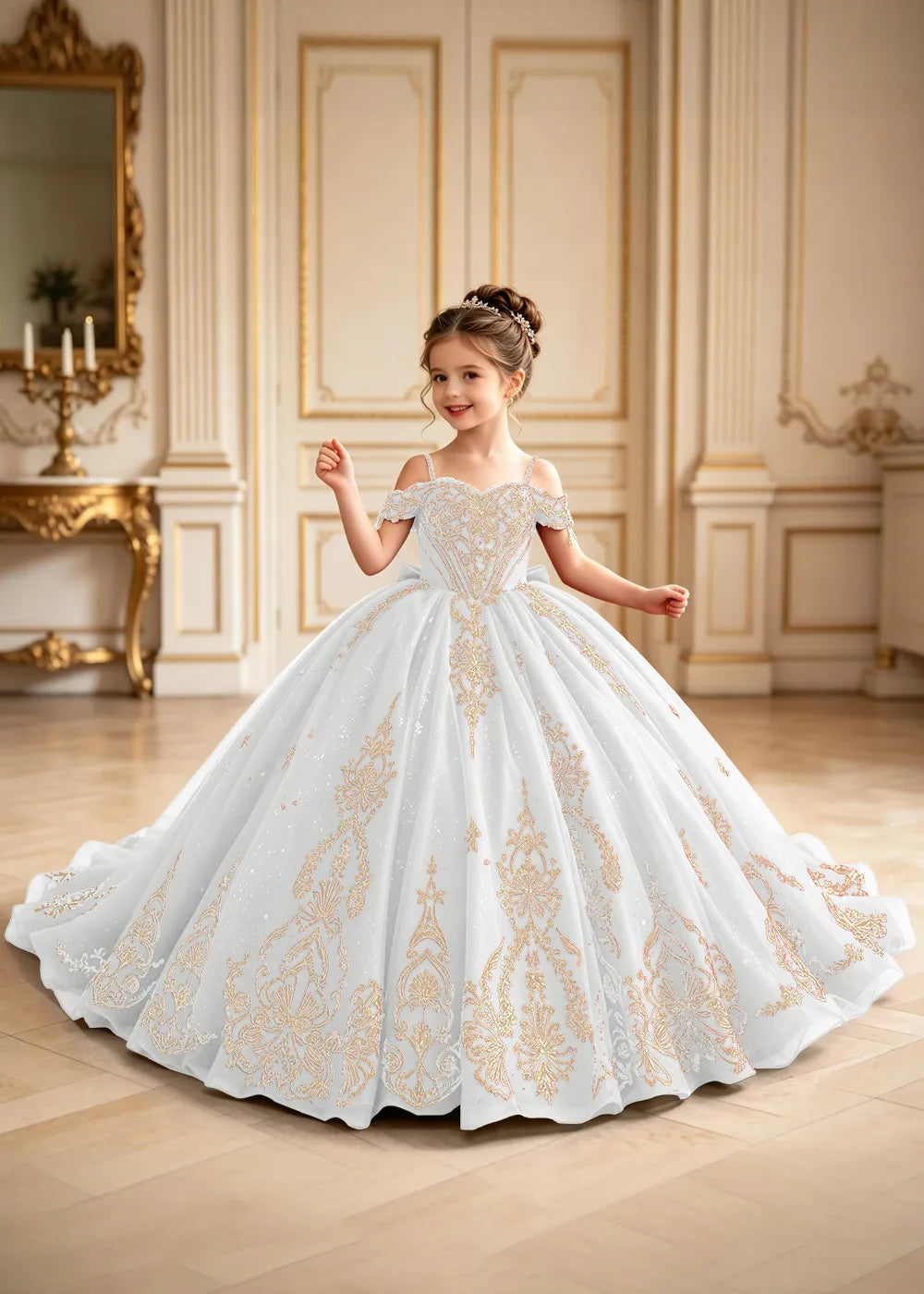 Regal Gold Embroidered Pageant Ball Gown for Girls