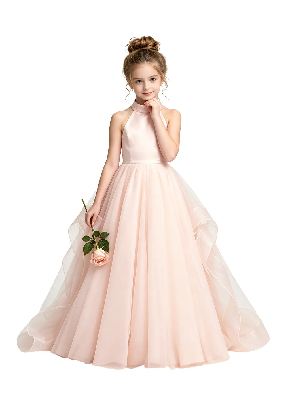 Halter Neck Bow-Back Tulle Girls Ball Gown