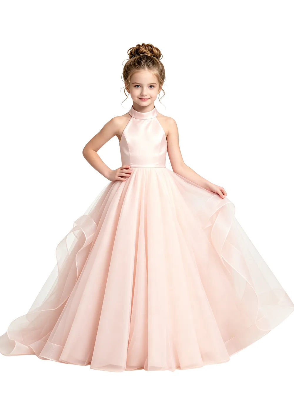 Halter Neck Bow-Back Tulle Girls Ball Gown