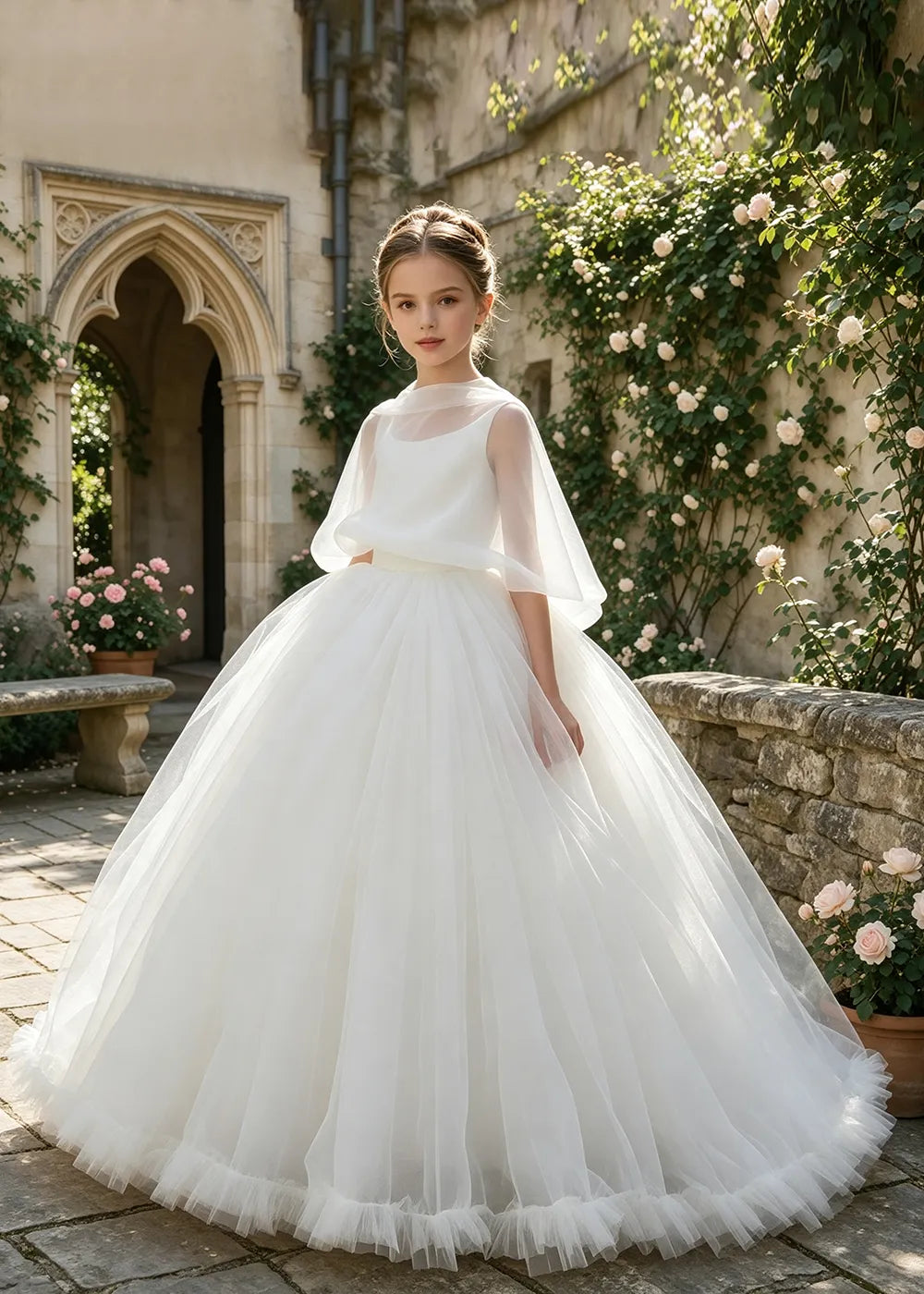 Sheer Cape Tulle Flower Girl Ball Gown