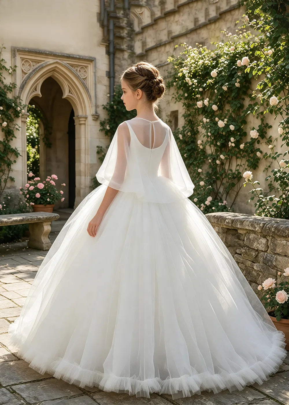 Sheer Cape Tulle Flower Girl Ball Gown