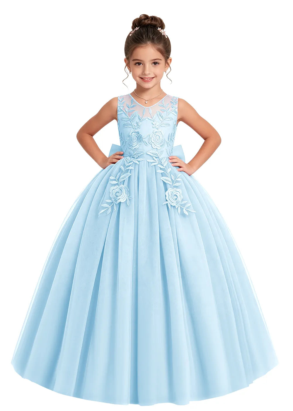 V-Back Floral Tulle Girls Gown