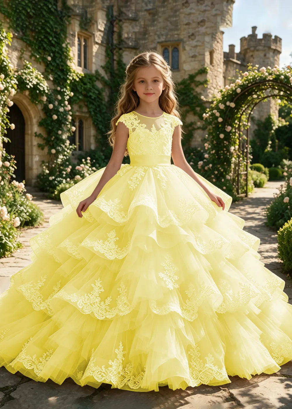Cascading Lace Ruffle Flower Girl Ball Gown