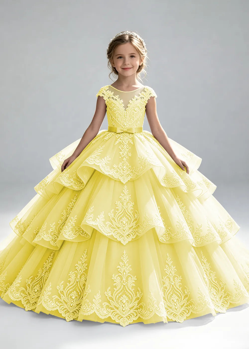 Embroidered Illusion Neck Tiered Pageant Ball Gown