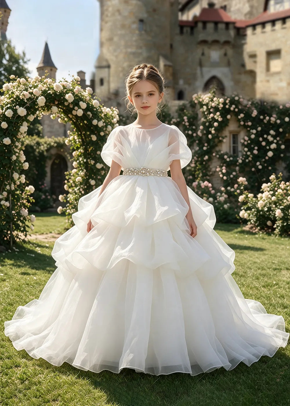 Jeweled Waist Puff Sleeve Flower Girl Ball Gown
