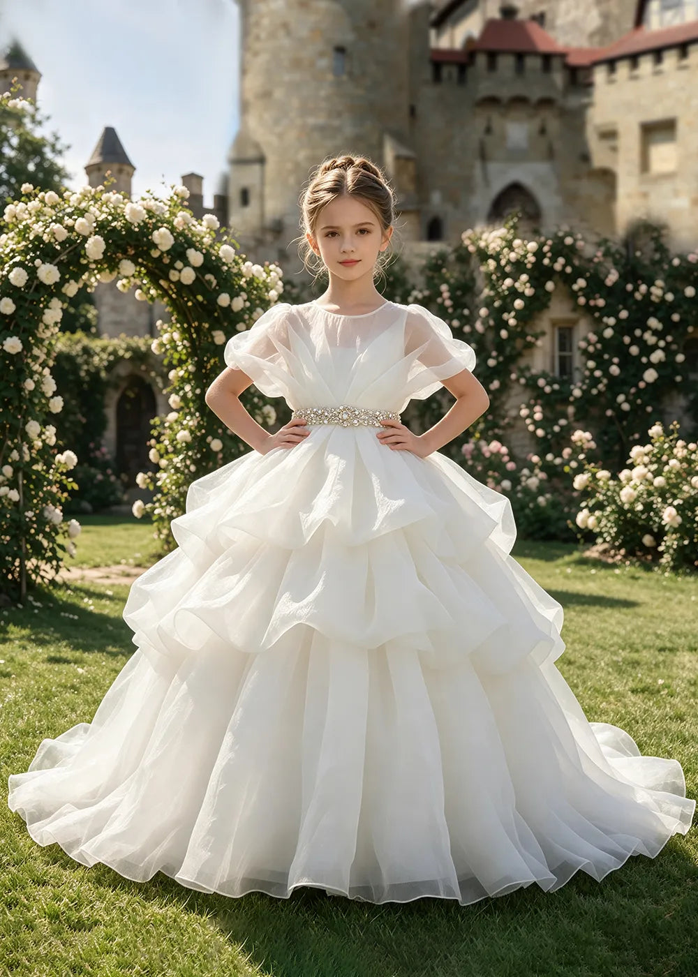 Jeweled Waist Puff Sleeve Flower Girl Ball Gown