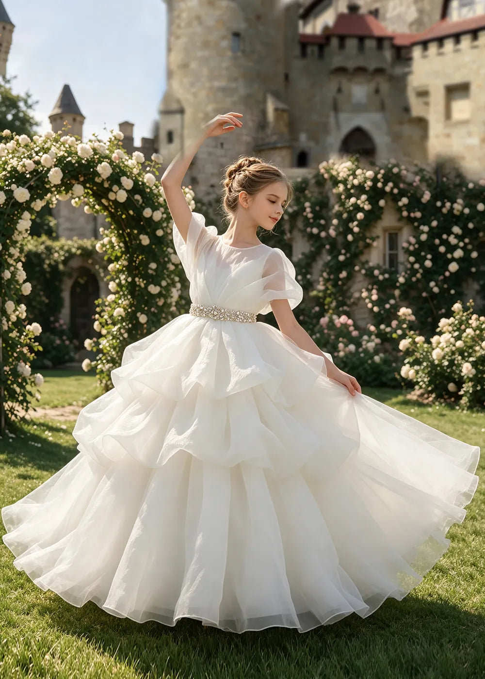 Jeweled Waist Puff Sleeve Flower Girl Ball Gown