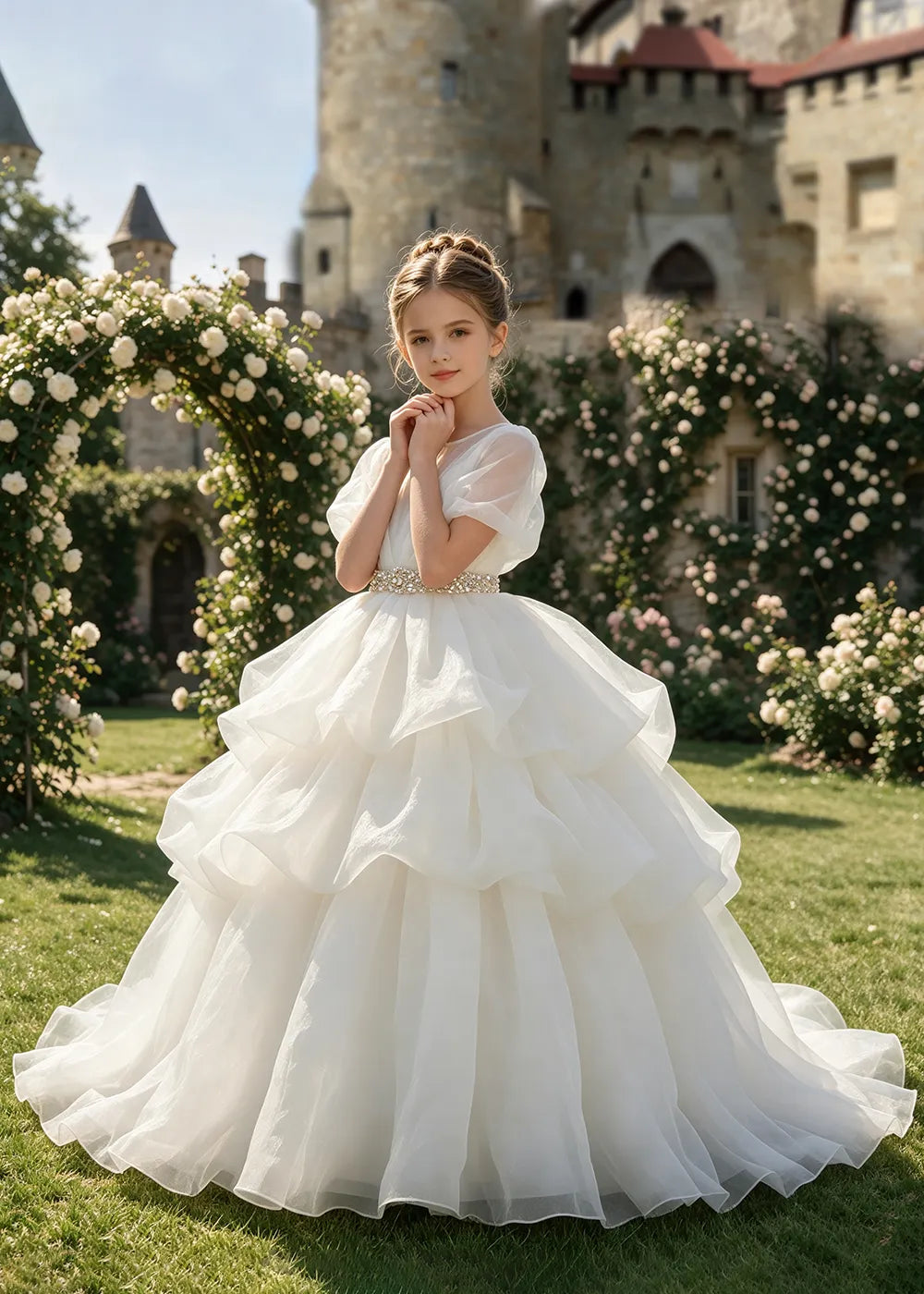 Jeweled Waist Puff Sleeve Flower Girl Ball Gown