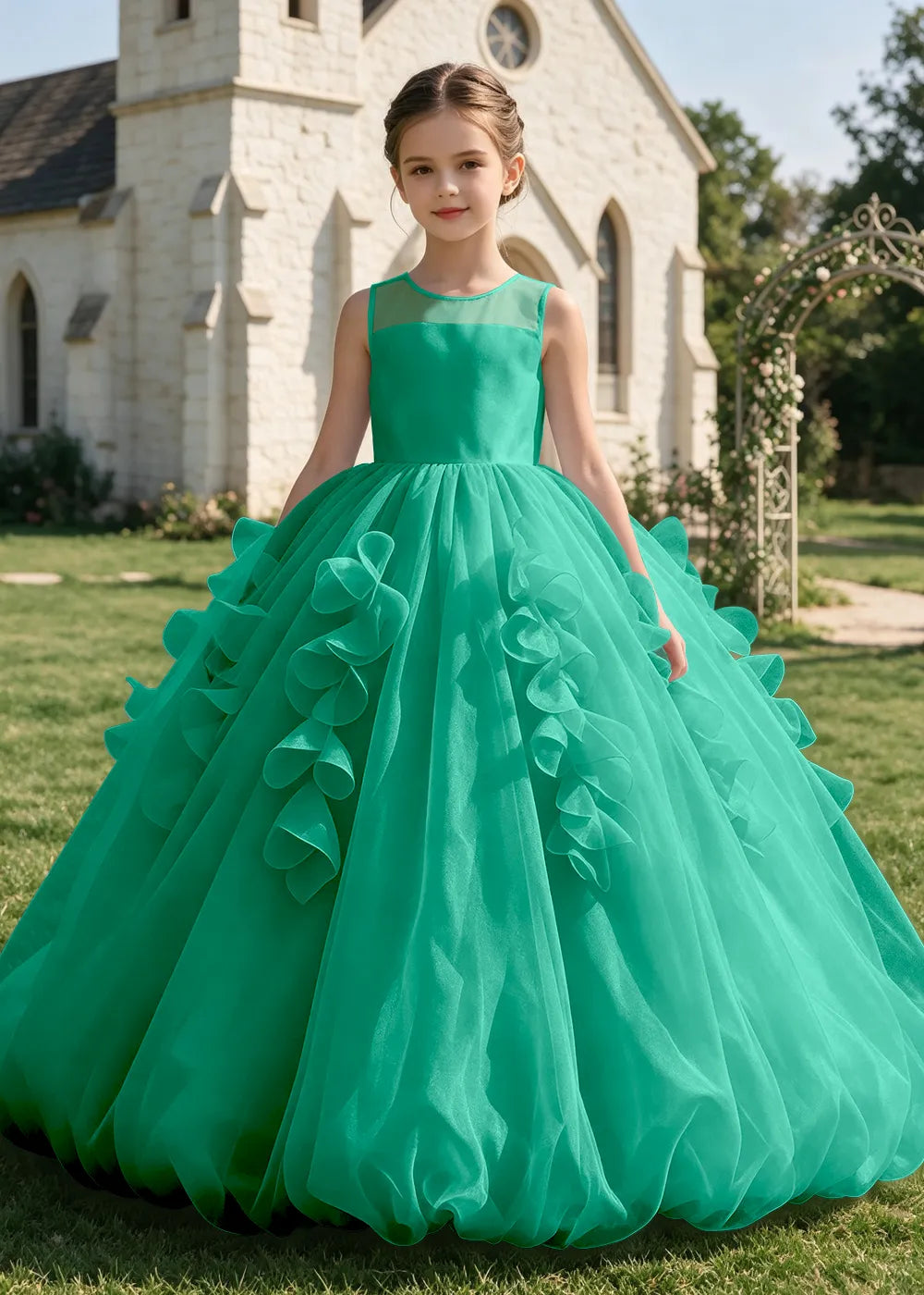 Illusion Neck Ruffle Organza Princess Ball Gown
