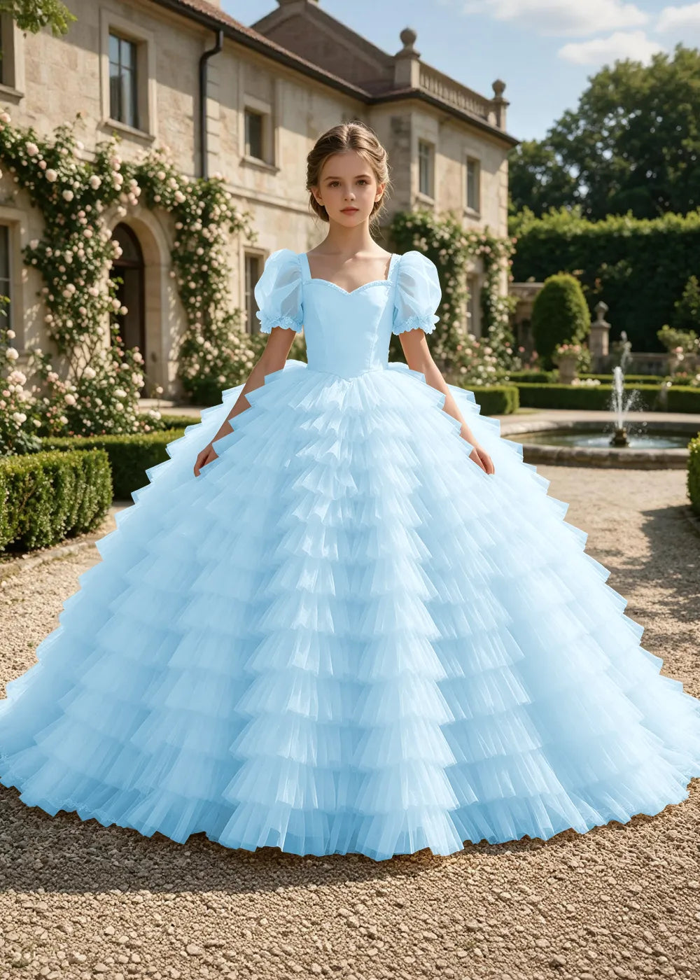 Puff Sleeve Corset-Back Junior Bridesmaid Gown