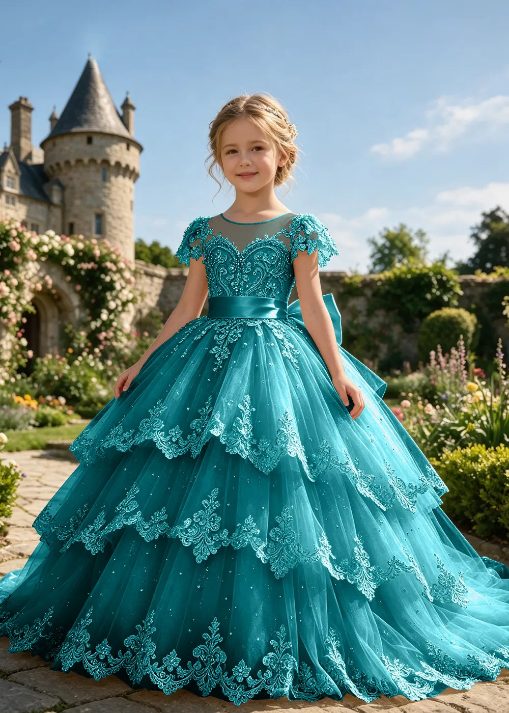 Tiered Lace Flower Girl Ball Gown with Satin Bow
