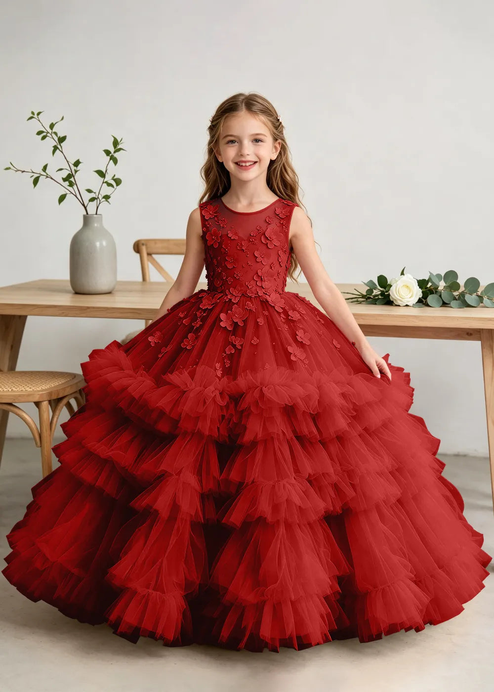 Luxury Floral Embroidered Ball Gown Dress for Little Girls