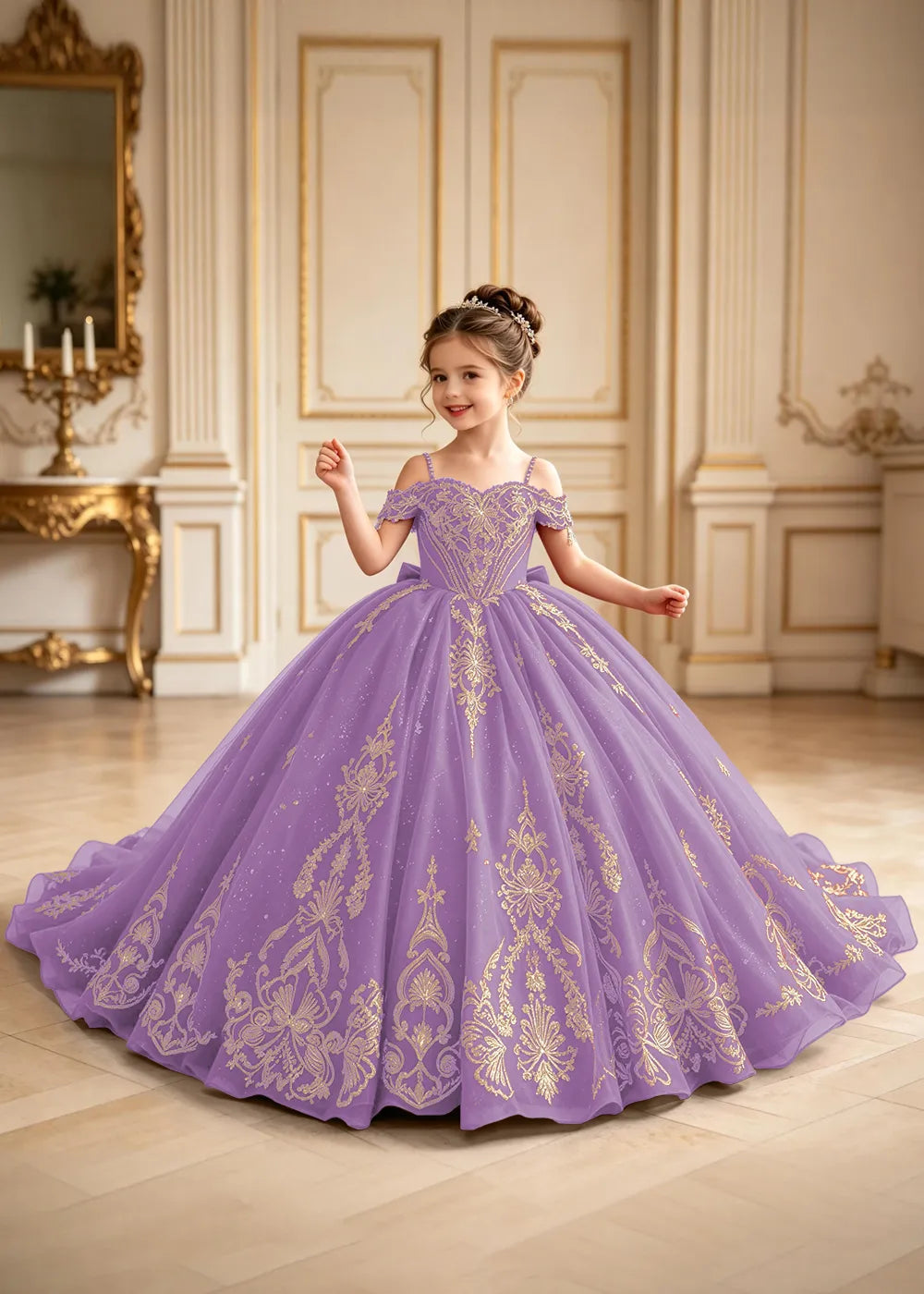 Regal Gold Embroidered Pageant Ball Gown for Girls