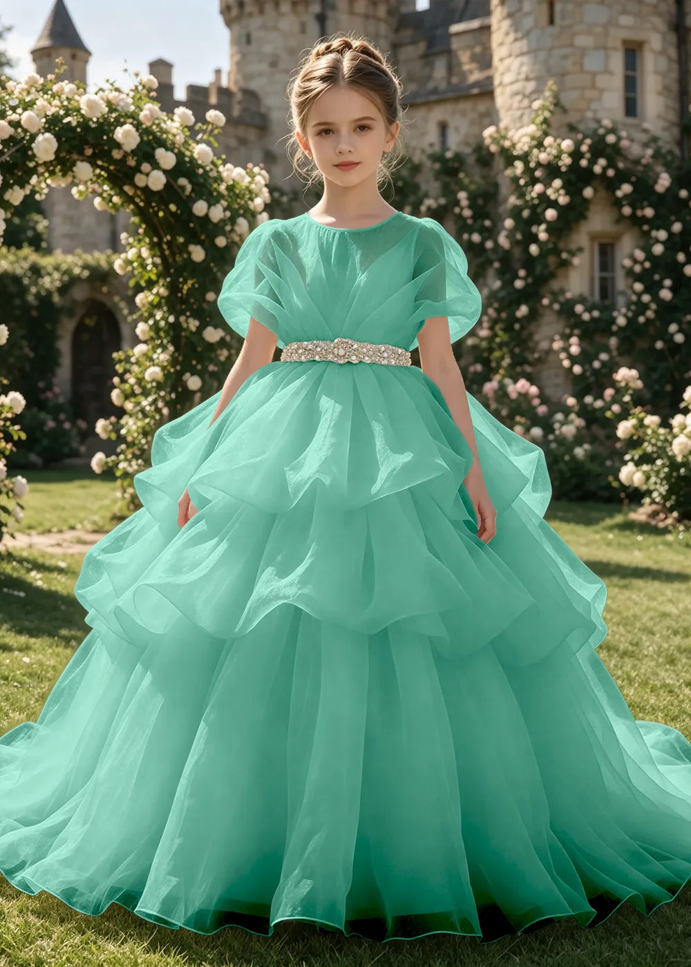 Jeweled Waist Puff Sleeve Flower Girl Ball Gown